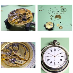 contact sheet showing 4 stages of repair/service of LeRoy chronograph pocket watch