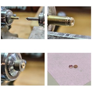 cutting a new jewel setting on the lathe and seating a new jewel. 4 pictures.