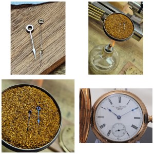 Series of pictures showing the traditional heat bluing of pocket watch hands