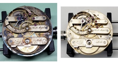 H.L. Matile pocket watch movement, before and after pictures